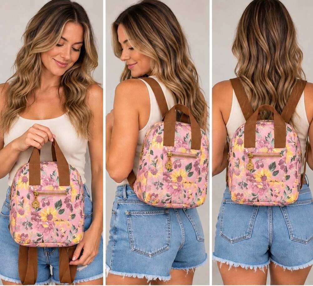 Pink Floral Sunflower Mini Backpack with Brown Straps